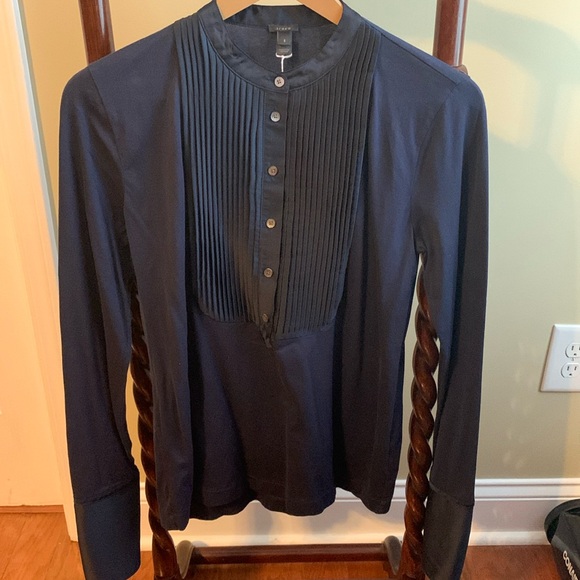 J. Crew Cotton Small Navy Tuxedo Shirt Round Neck Long Sleeves Cuffs. Poly. Trim - Picture 1 of 9